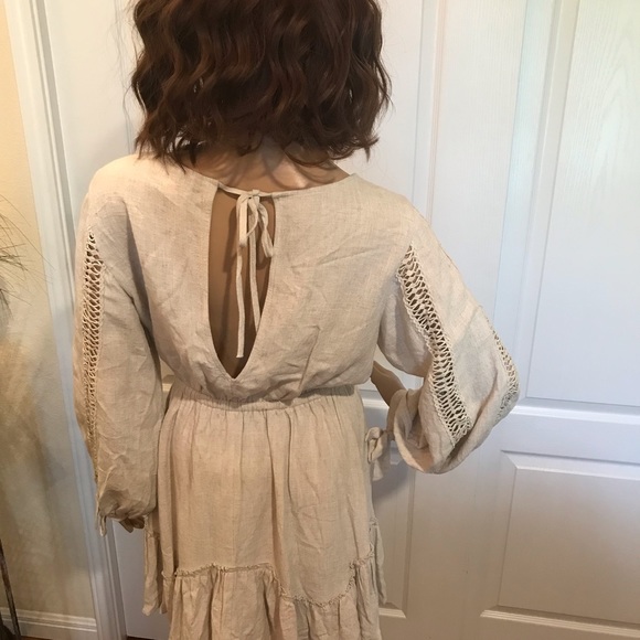 By Together Collection Tan Linen Mini Dress with Crochet Size Medium - Picture 2 of 5